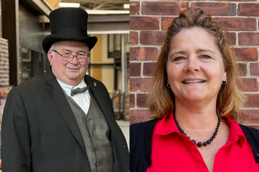 On the left is a man in a top hat and bow tie. On the right is a woman in a red shirt. 