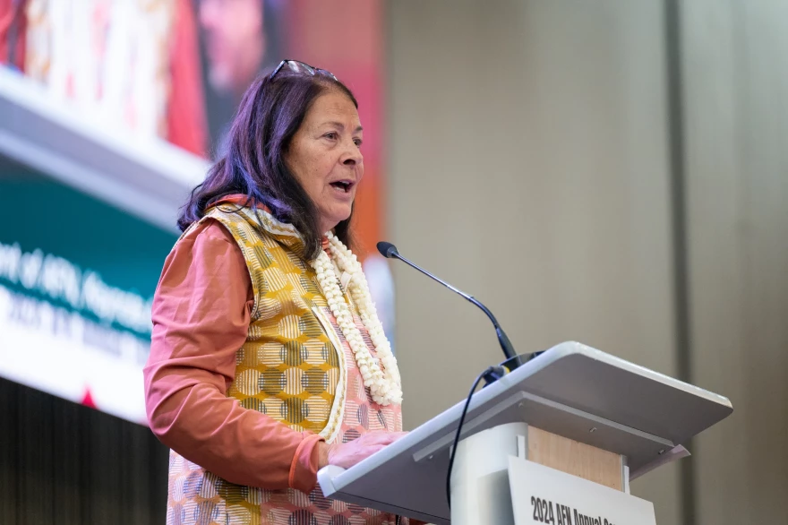 Julie Kitka delivers the keynote address for the 2024 Alaska Federation of Natives convention on Oct. 17, 2024.