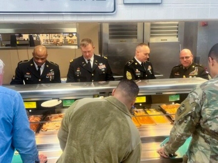 Senior leaders of the 49th Missile Defense Battalion serve dinner to soldiers and civilian contractors on Nov. 23, 2022, a Thanksgiving tradition at Fort Greely’s Ballistic Bistro.