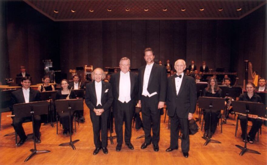 The four conductors of the Eastman Wind Ensemble in a rare moment together onstage. (l-r Fred Fennell, Donald Hunsberger, Mark Scatterday, Clyde Roller)