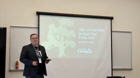 Corvallis Mayor Charles Maughan speaks at the first of four budget gap town hall meetings, Sept. 23, 2026.