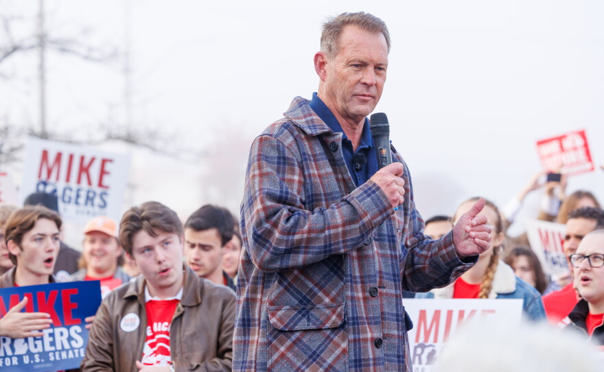 Republican nominee for attorney general Doug Lloyd speaks in Lansing Township, Mich., on Oct. 24, 2026, during a stop on U.S. Senate nominee Mike Rogers' "We Have a State to Save" bus tour.