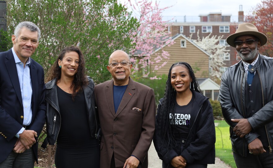 Host Henry Louis Gates Jr., Chelsea Miller, Elizabeth Hinton, Fab 5 Freddy and Mark Whitaker get ready to pose for a photo during a shoot at Weeksville for "Making Black America: Through the Grapevine."