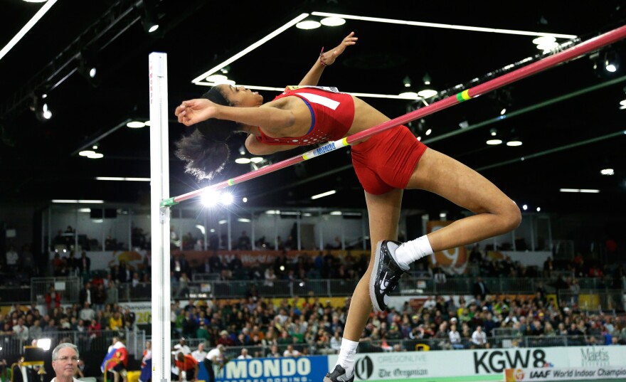 Vashti Cunningham won the women's high jump final during the world indoor championship in Portland, Ore., on March 20.