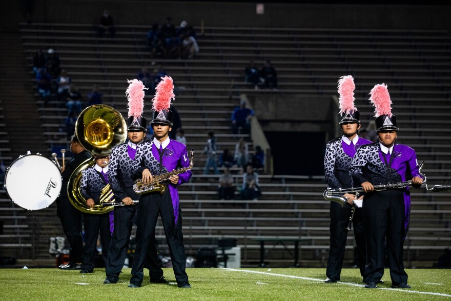 Members of the LBJ Early College High School band perform on Oct. 22, 2021 at the high school's homecoming football game at Nelson Field in Austin, TX. Gabriel C. Pérez/KUT