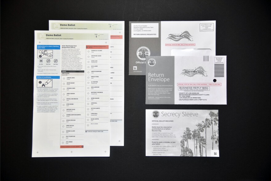 Demo 2018 voting materials from the Los Angeles County Board of Elections feature lower case letters, left-aligned text, a clean sans-serif font, simple instructions and color coding.