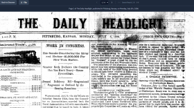 A screenshot of the Pittsburg Public Library Digital Archives, showing a scan of a Daily Headlight newspaper from 1886.