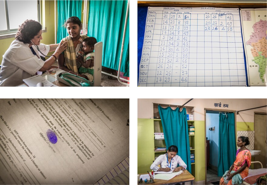 Clockwise from top left: Dr. Simmi Mahesh examines a patient. A chart shows the number of abortions performed at the clinic. Illiterate patients sign the consent form with a thumbprint. Palo Khoya waits with the doctor's assistant.