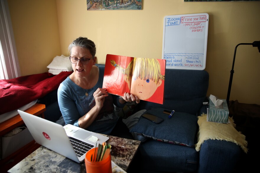 Leanne Francis, first-grade teacher at Harvey Milk Civil Rights Academy, conducts an online class on March 20 from her living room in San Francisco.