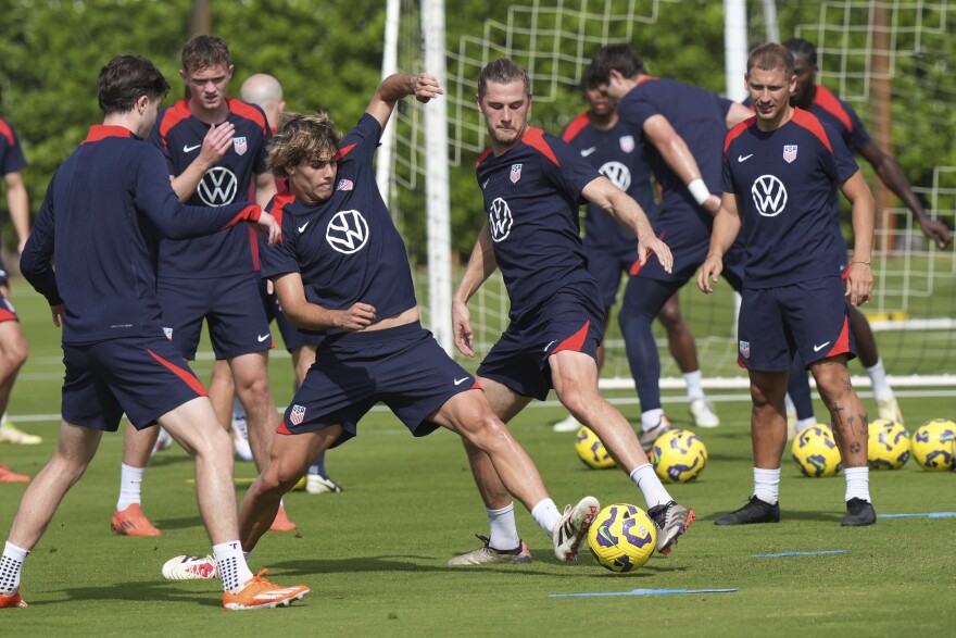 A group of soccer players fight for control of the ball on a sunny field of green turf grass.