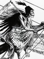 An 1883 illustration of the Grim Reaper draped in a cloth labeled "cholera," arriving in America on a British ship.