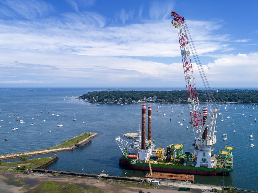 The "Sea Installer" stopped in Salem Harbor before heading out to the ocean near Martha's Vineyard to install turbines for Vineyard Wind. The boat is 434-feet long and has a crane capable of lifting 1,600 tons.