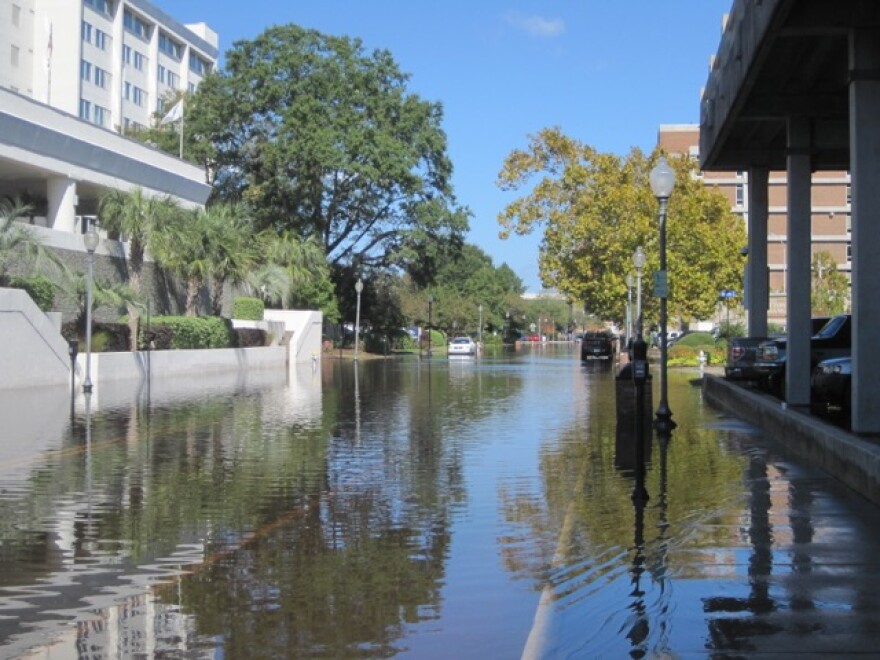 Flooding on Water Street in downtown Wilmington, North Carolina.