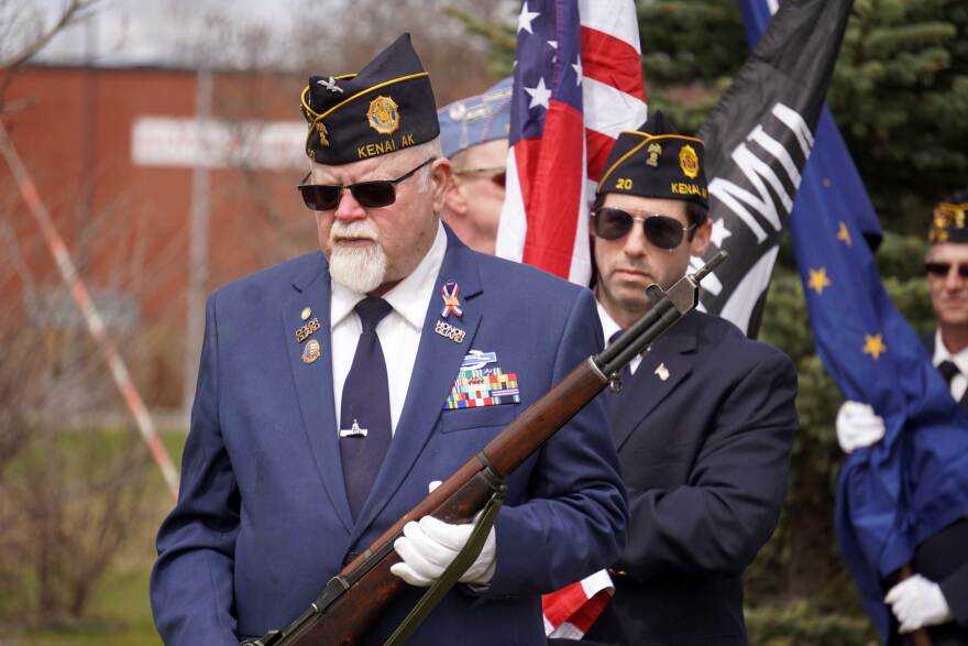 Members of the honor guard march away after a Memorial Day ceremony at Leif Hansen Memorial Park in Kenai, Alaska, on Monday, May 25, 2026.