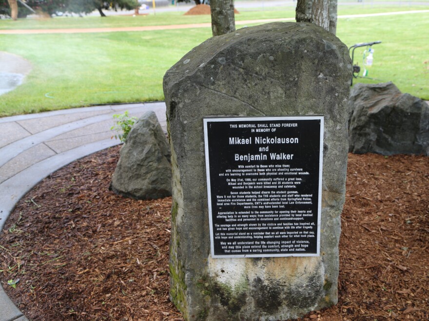 A memorial to students killed in the Thurston High School shooting on May 21, 1998.