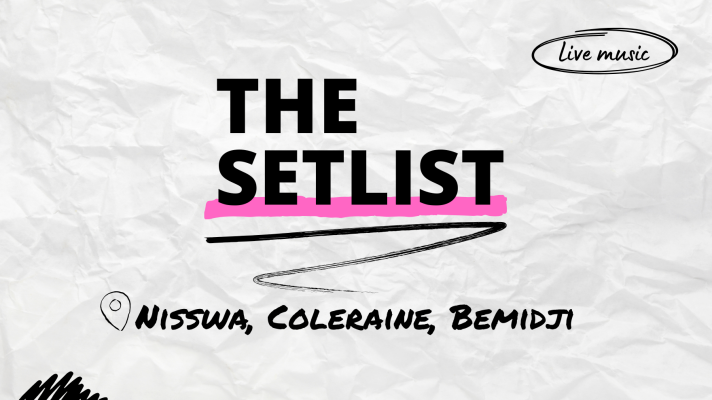"The Setlist" and "Nisswa, Coleraine, Bemidji" written over a crumpled paper background.