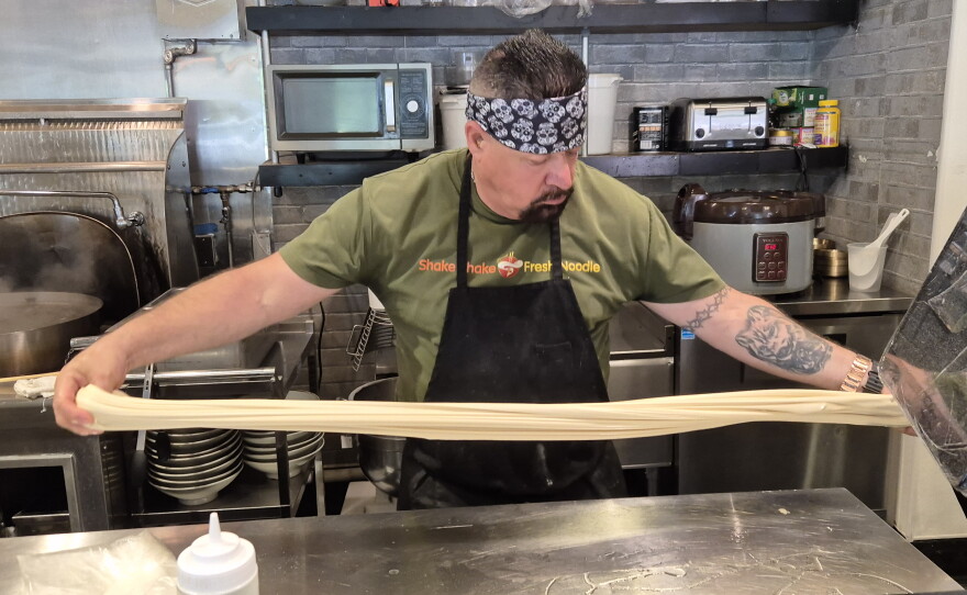 Preparing the bulk noodle dough - just flour, water and salt