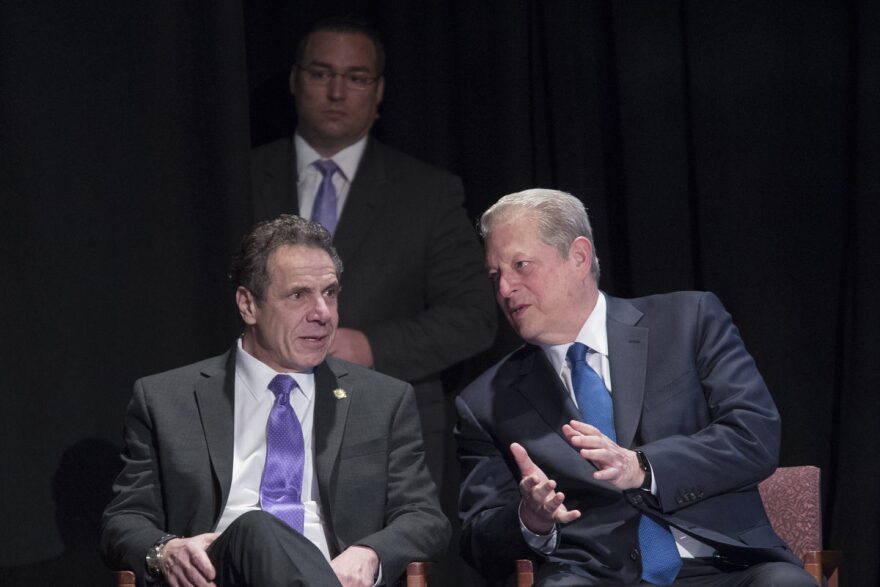 Former Vice President Al Gore, right, joins New York Gov. Andrew Cuomo during an event, Friday, March 9, 2018, in New York. Former Vice President Al Gore and New York Gov. Andrew Cuomo are speaking out against the Trump administration's plans to open up new areas to offshore drilling. (AP Photo/Mary Altaffer)