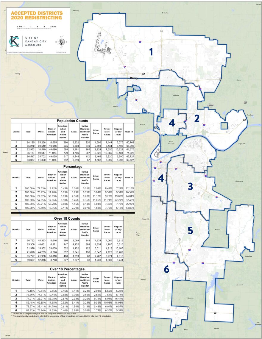 A map of new Kansas City Council districts approved by the council on Dec. 16, 2021.