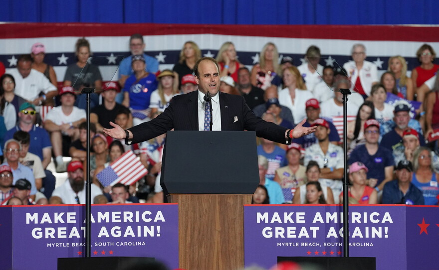 South Carolina Commissioner of Agriculture Republican nominee Cody Simpson speaks before President Donald Trump and Sen. Darline Graham during a rally with thousands of supporters at the Myrtle Beach Convention Center on Aug. 21, 2026.