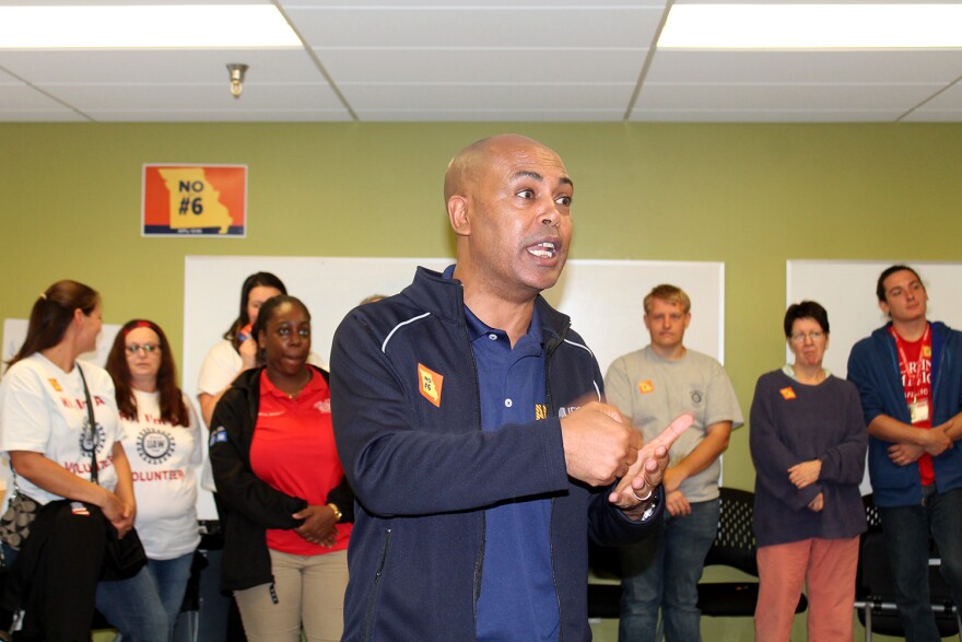 AFL-CIP Vice President Tefere Gebre speaks before a canvas against Missouri's photo voter ID amendment on Oct. 15, 2016.