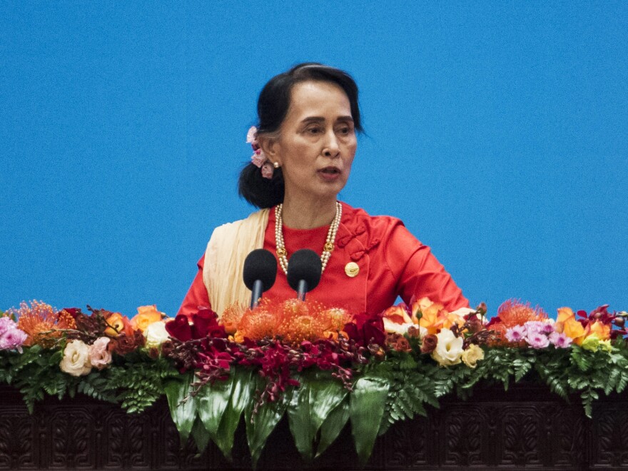 Myanmar's civilian leader Aung San Suu Kyi gives a speech this month in Beijing. The U.N. human rights chief says she could be held responsible for her country's brutal treatment of the Rohingya.