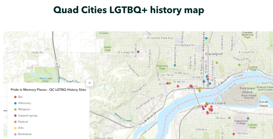 Part of the online Story Map shows key LGBTQ+ sites in the Quad Cities.