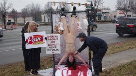 On a sidewalk next to an intersection, a metal frame sits with a photo of a bloody wall as a backdrop. A woman, dressed in a nude colored leotard, hangs upside down from the frame and is covered in fake blood. A man dressed in utility clothing pretends to slit her throat, and her head hangs down onto a sheet covered in a pool of fake blood. A sign with the PETA logo next her says "Chickens: Shackled and Bled Out. Please Try Vegan." Next to the metal frame, a woman in a black parka holds a sign that's a spoof on the Raising Cane's logo that says "Causing Pain, Secret Sauce, Secret Suffering."