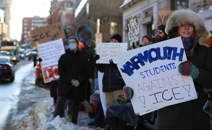 Over 1,000 people rally on Monument Square in Portland on Friday, Jan. 30, 2026.