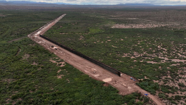 A portion of border wall under construction in the Big Bend region, Wednesday, Sept. 23, 2026, near Sierra Blanca, Texas.