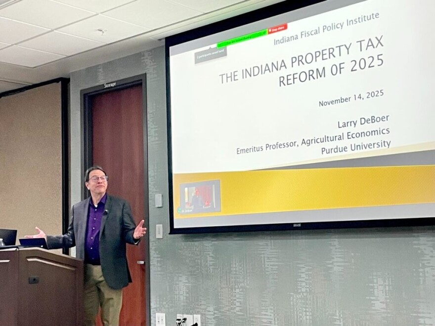 Larry DeBoer, an emeritus professor of agricultural economics at Purdue University, presents an analysis of recent Indiana property tax changes on Nov. 14, 2025.