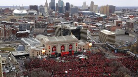 Fans gather for a rally in front of Union Station after a parade through downtown Kansas City, Mo., Wednesday, Feb. 5, 2020, to celebrate the Kansas City Chiefs victory in the NFL's Super Bowl 54