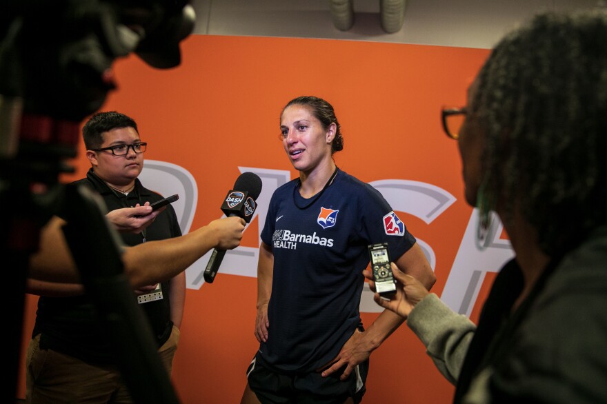 Carli Lloyd, a veteran of the U.S. National Team and current member of Sky Blue FC, is interviewed by the press after the team's loss to the Dash.