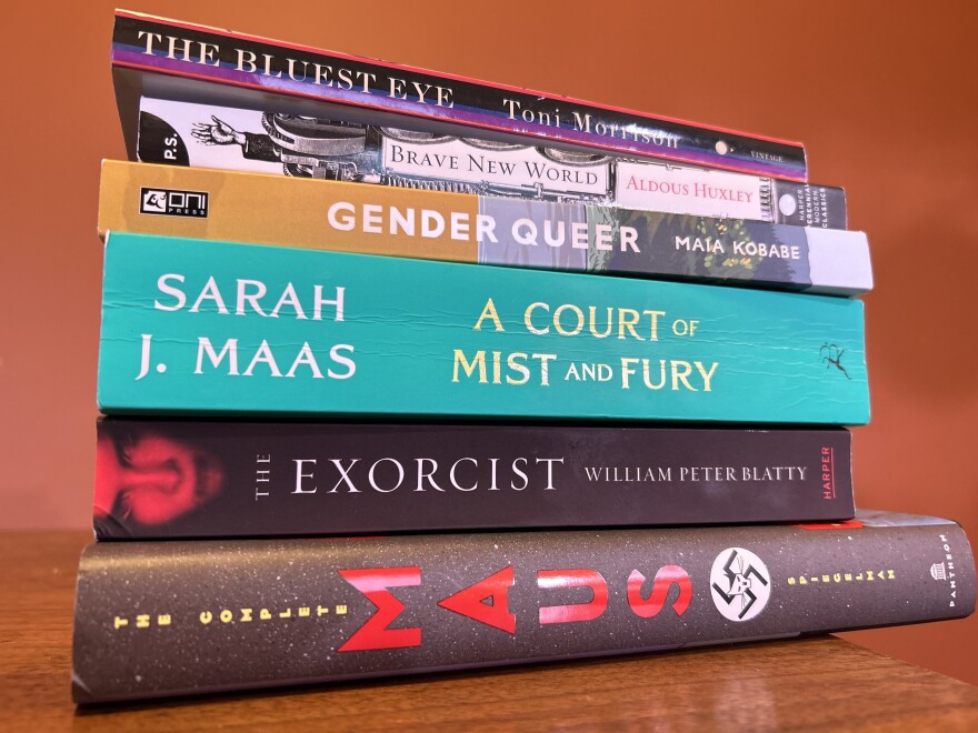 A close up of a stack of books. Titles are Maus, The Exorcist, A Court of Mist and Fury, Gender Queer, Brave New World, and The Bluest Eye.