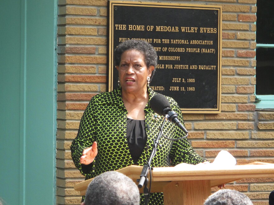 Myrlie Evers-Williams retells the moments before her husband's 1963 assassination during a memorial ceremony at the Evers family's former home.