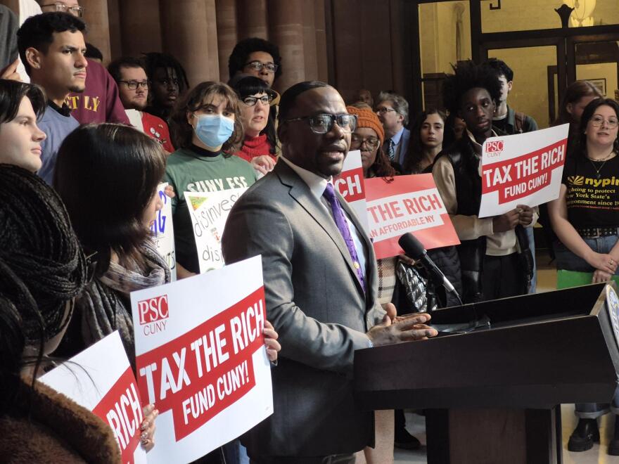 Assembly member Demond Meeks, D-Rochester, speaks during a rally at the state Capitol urging increased support of higher education.