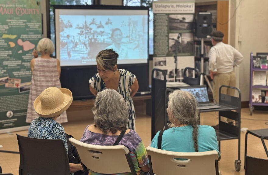 Kunmi Yu Danico, the director of the UH Center for Oral History, talks with Maui women during the Oral Histories of Maui event in Wailuku on July 20, 2026.