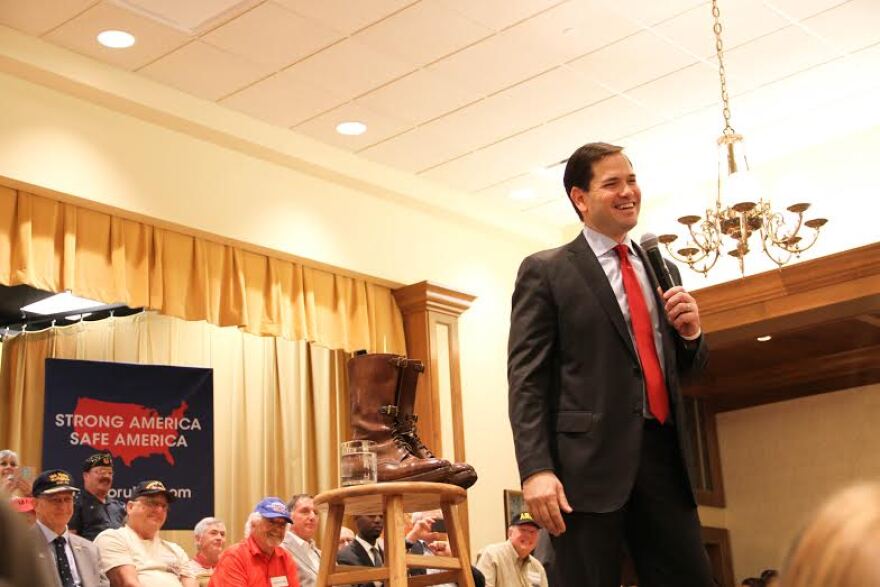 Rubio greets the crowd after taking the stage at the Rohan Recreation Center. “We are still the descendants of go-getters, every single one of us,” Rubio said of Americans Sunday afternoon. (Jennifer Jenkins/WUFT News)