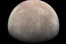 This view of Jupiter's icy moon Europa was captured by JunoCam, the public engagement camera aboard NASA's Juno spacecraft, during the mission's close flyby on Sept. 29, 2022.