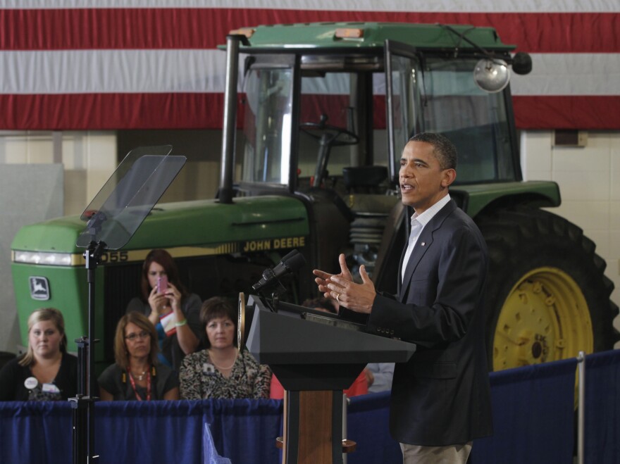 President Obama speaks at a rural economic forum in Peosta, Iowa, during his three-day economic bus tour on Aug. 16, 2011.