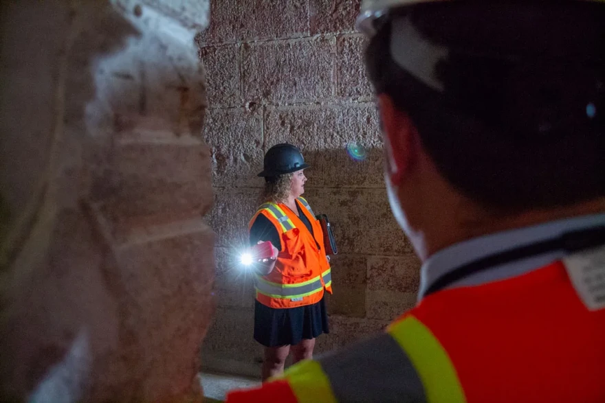 Illinois Architect of the Capitol Andrea Aggertt guides a tour of north wing renovations in 2023.