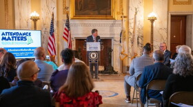Rhode Island Gov. Dan McKee joins local legislators and educational leaders to kick off the 2025-26 Attendance Matters RI campaign at the State House on Tuesday, Sept. 2, 2025.