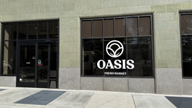 Storefront of Oasis Fresh Market at 6th and Cincinnati in downtown Tulsa.