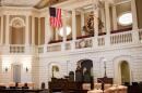 The public gallery balconies inside the Senate Chamber of the Massachusetts State House.