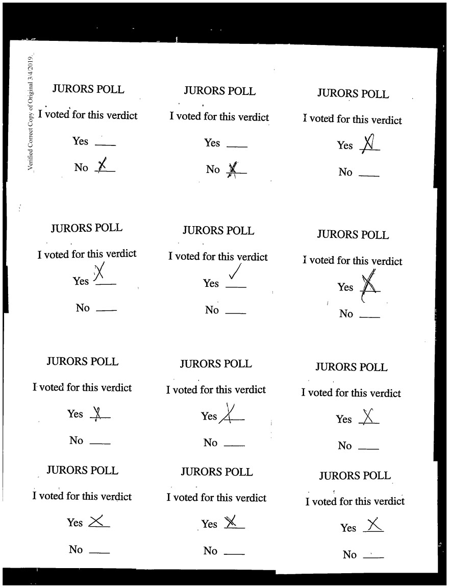 A copy of the jury poll in Gillespie's case shows 2 out of the 10 jurors found him not guilty. He was sentenced to 27 years.