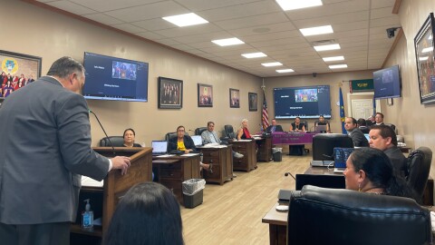 Osage Nation Principal Chief Joe Tillman speaks to the Osage Nation Congress on Thursday following announcements the tribe's visitors center, language immersion school and Harvest Land farm will close.