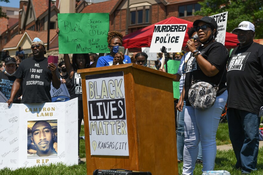 Laurie Bey, Cameron Lamb’s mother, addresses the crowd at a Black Lives Matter protest on Sunday, May 31.