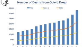 National Overdose Deaths—Number of Deaths from Opioid Drugs. The figure above is a bar chart showing the total number of U.S. overdose deaths involving opioid drugs from 2002 to 2015. Included in this number are opioid analgesics, along with heroin and il