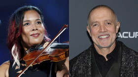 Rhiannon Giddens performs during rehearsal for the Boston Pops Fireworks Spectacular in Boston, on July 3, 2018, left and Michael Abels attends the premiere of "Landscape with Invisible Hand" during the 2023 Sundance Film Festival in Park City, Utah on Jan. 23, 2023. Giddens and Abels won the Pulitzer Prize for music for their opera "Omar," about an Islamic scholar captured and sold into slavery. (AP Photo)