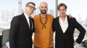 The Hives singer Howlin Pelle Almqvist (left), Jesse Thorn and Nicholaus Arson (right) at the Maximum Fun studios in Los Angeles, CA
